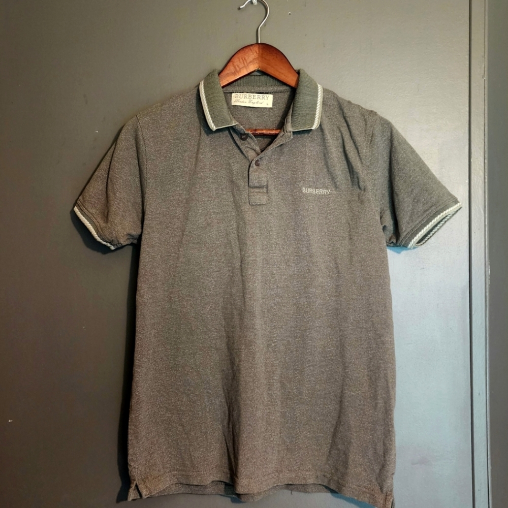 Burberry Men's Polo Shirt in Heather Gray with White Trim